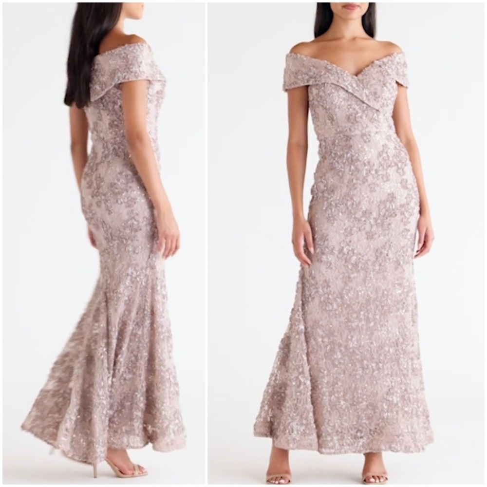 Xscape Evenings Gown Off the Shoulder Lace Jill Dress Size 10 Sequin Formal Pink